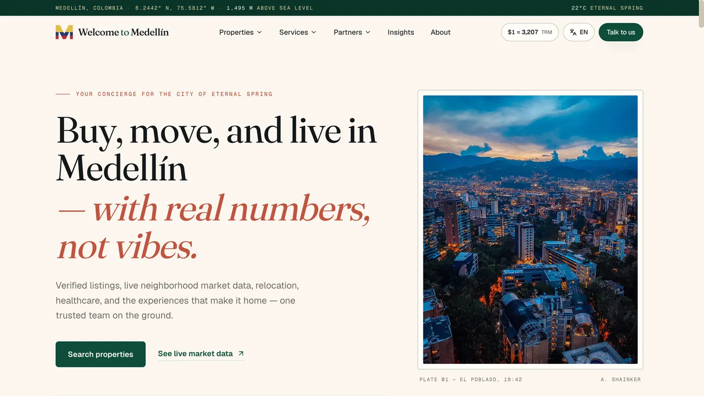 Welcome to Medellín website screenshot